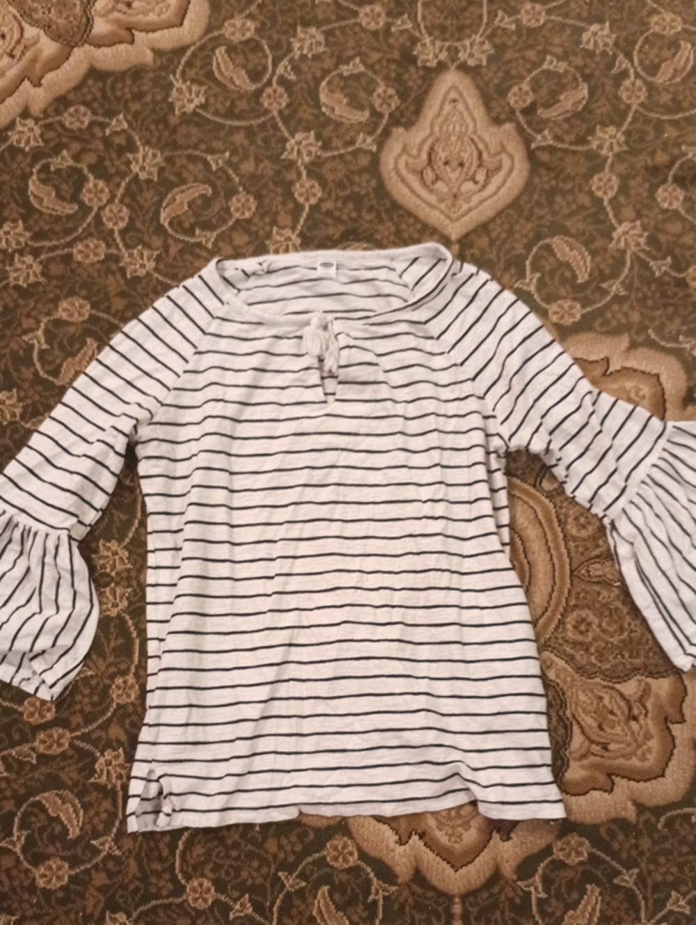 Striped White and Black Bell-Sleeve Women's Top